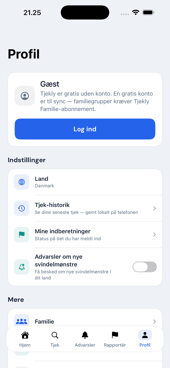 Tjekly profil med konto og familie