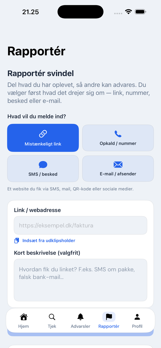 Tjekly rapport-skærm